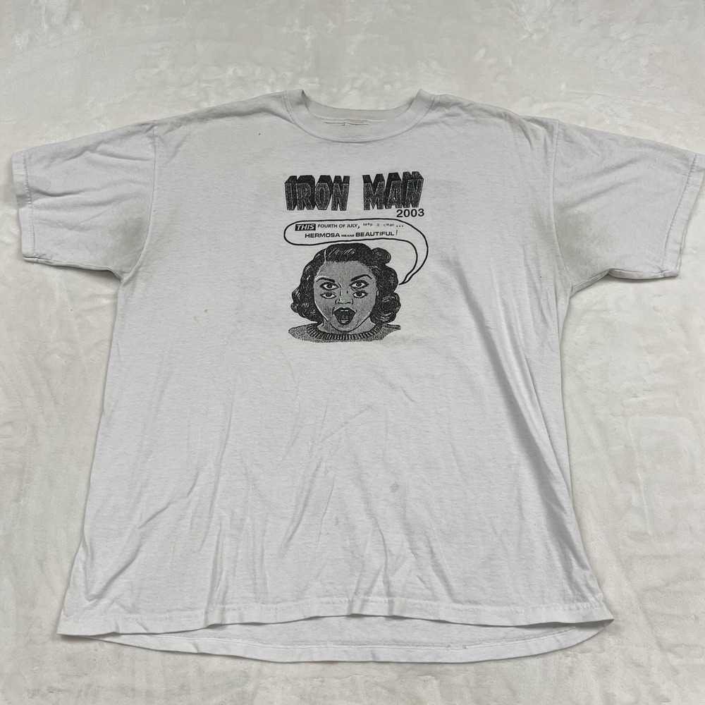 Anvil Iron Man T-Shirt Mens XL White 2003 Hermosa Beach Graphic Tee